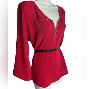 Janet Chung Red Textured Tab-Sleeve Top sz M L XL